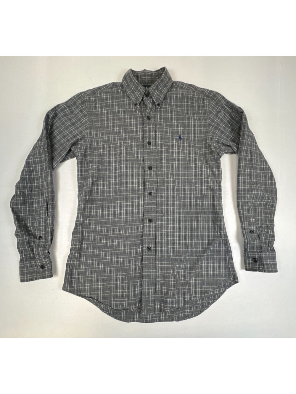 Ralph Lauren Mens Shirt Small Grey White Plaid Custom Fit Cotton Button Down